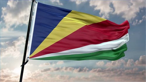 Realistic Seychelles National Flag Waving Against Cloudy Sky