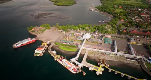 Ocean port, ferry transportation, vehicles boarding, island peninsula