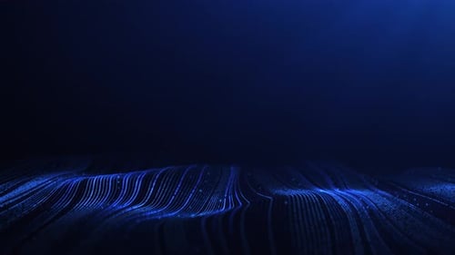Abstract glowing digital cyber wave made of particles and dots moves on a blue background, big data