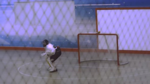 Women's indoor ball hockey league green verses white team with a goal just in on the goalie. Victory