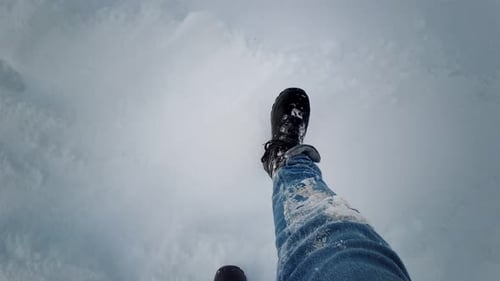 Winter Walk Pov Hiking Scene With Legs in Snow. Looking Down at Feet Walking Through Snow, First Per