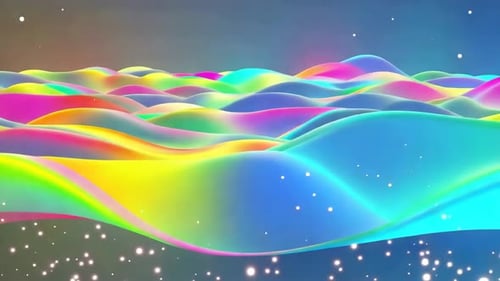 Abstract Rainbow Fluid Waves with Shimmering Particles Background