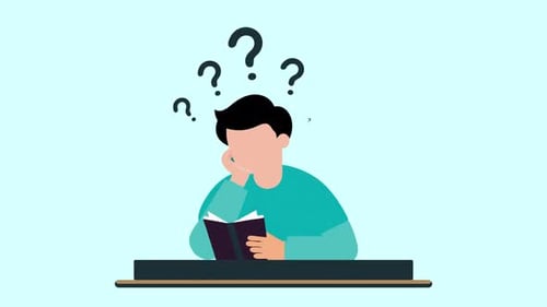 Animated Flat Design Illustration of Person Studying with Question Marks