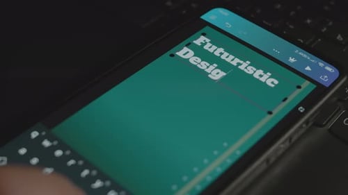 Futuristic Design Inscription on Smartphone Designer Making an Advertisement Design on Mobile App