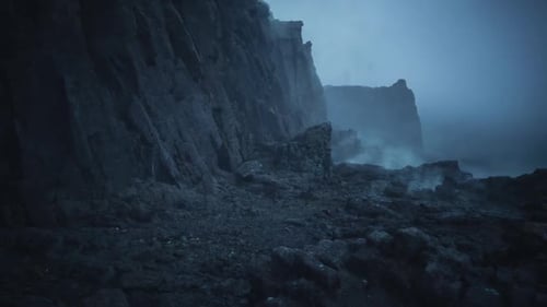 Remote Rocky Coast During Dusk with Ominous Weather Conditions