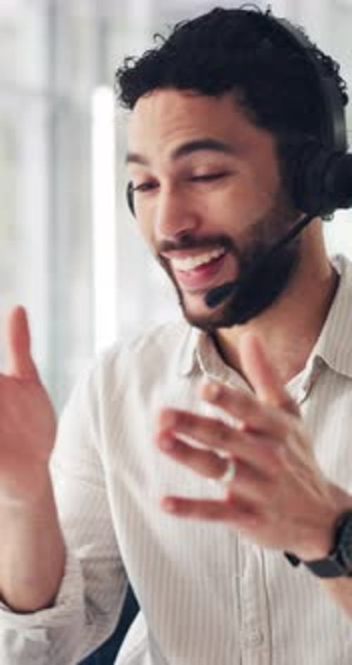 Call center, applause and man with smile, celebration and success with kpi target