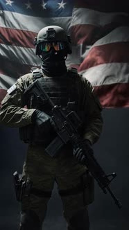 Armed Soldier Standing with American Flag and Atmospheric Effects