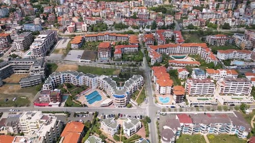 Aerial View of Residential and Resort Buildings with Red Roofs in Sveti Vlas Bulgaria Sunny Day