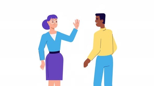 Two Diverse People High-Five in Flat Design Animation