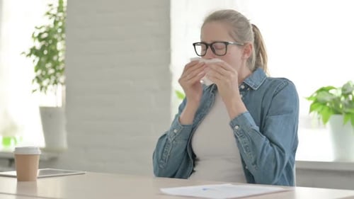 Young Woman Sneezing and Using a Tissue