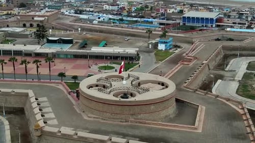 Queen's Tower in Real Felipe Fortress historical landmark in Peru, zoom out