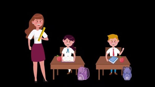 Woman Teacher With Girl And Boy Students In The Classroom Alpha Channel