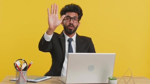 Businessman Working on Laptop Showing Stop Gestuge Danger Rejection Warning Crisis Prohibition