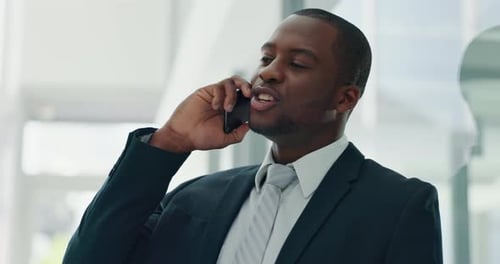 Phone call, talking and businessman in an office with a smartphone or technology having