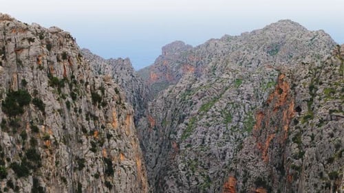 Spain Mallorca, Aerial Footage Of Winding High Mountains. Panorama View.