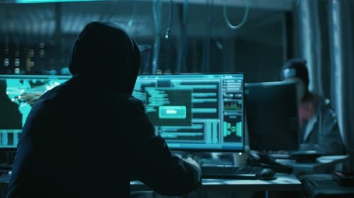 Hooded Figure at Computer in Dimly Lit Room