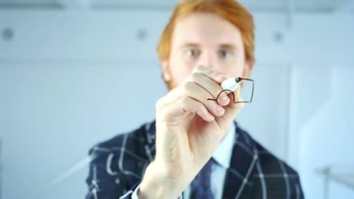 Engineer Drawing Car Concept on Transparent Glass in Office Red Hairs