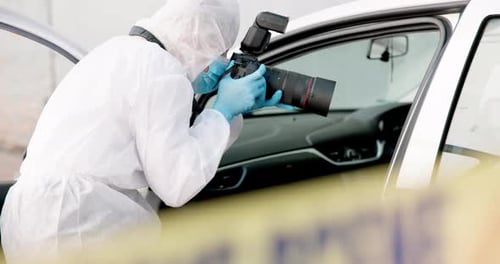 Car, crime scene and forensic photographer with pictures for evidence in court