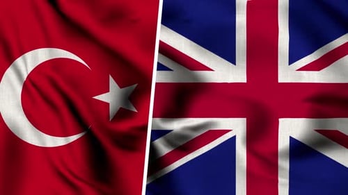 Waving Flags of Turkey and United Kingdom Split Screen