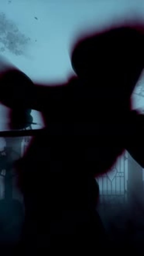 Death with a scythe, Grim Reaper, with red burning eyes in a graveyard in the fog, harvesting.
