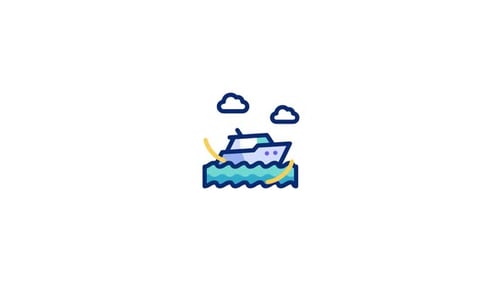 Animated Boat Icon on Wavy Water in Flat Design Style