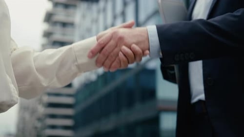 Business Partners Handshake Meeting Deal in City Multiracial Businessman Businesswoman Greeting