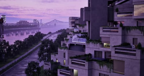 Arquitectura moderna a lo largo de una tranquila orilla del río al atardecer en un entorno urbano