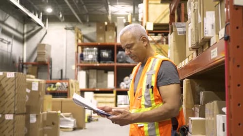 Mature african american warehouse manager reviews inventory with smartphone