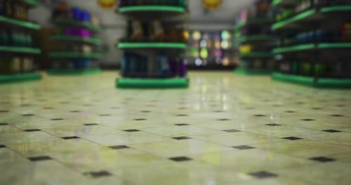 Store Interior with Colorful Shelves and Tiled Floor Viewed From a Low Angle