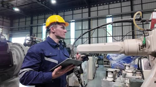 Mechanical engineer performing maintenance on machinery in industrial workshop