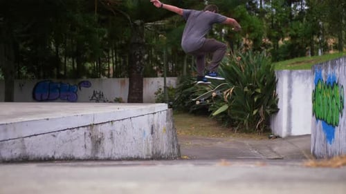 Skateboarder Performs Trick in Urban Skate Park