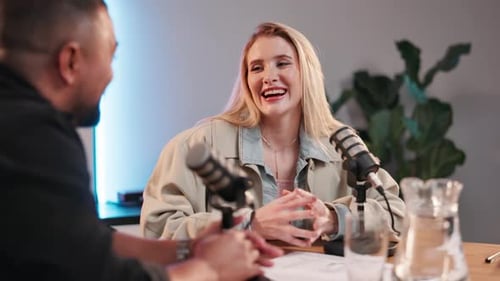 Podcast, interview and people for radio broadcast, conversation and discussion for talk show