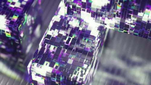 Purple and White Geometric Blocks Covered in Pixellike Squares Slowly Rotating with a Shallow Depth