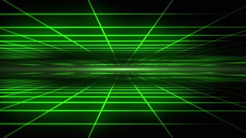 Futuristic retro grid of neon green lines forming an endless tunnel. Cryptocurrency, big data