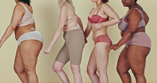 Dancing, body positivity and closeup of women in underwear in a studio for self love celebration