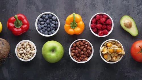 Overhead shot of fresh fruits, vegetables and nuts