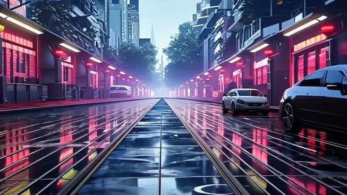 Futuristische Straße im Stadtbild bei Nacht, nasser Bürgersteig, der lebendige Neonlichter reflektiert