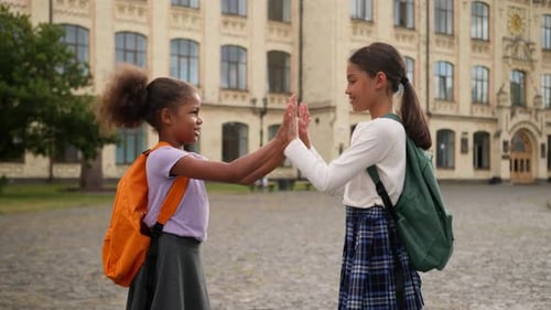Colegialas multiétnicas, niños con mochilas, alumnos, estudiantes, educación primaria, africanos