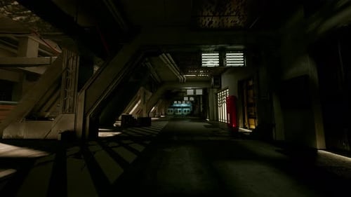 Futuristic Dark Industrial Hallway Fly-Through Motion Background