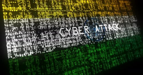 Cyber Attack Concept with Digital Code on Flag Background