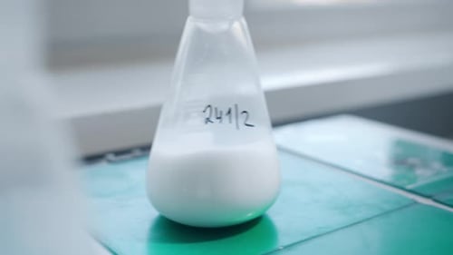 Erlenmeyer Flasks with White Liquid in Laboratory