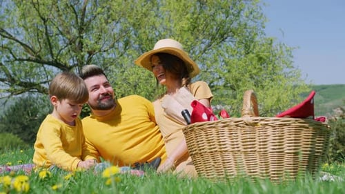 Family Enjoying Picnic in Sunny Spring Meadow