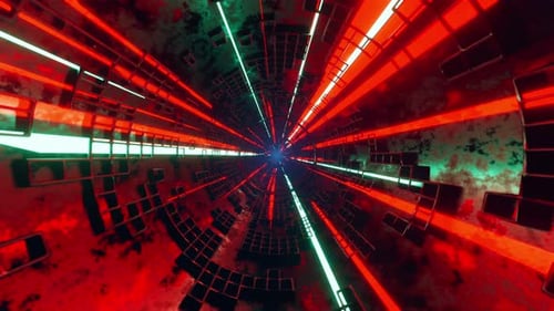 VJ loop animation. Flying camera in a tube with many red, green, white lights