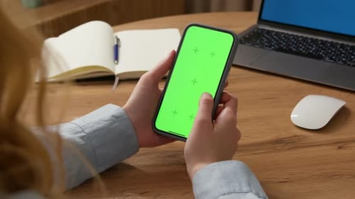 Girl Scroll Cell Mobile Phone Green Screen Office Workplace Woman Like Photo
