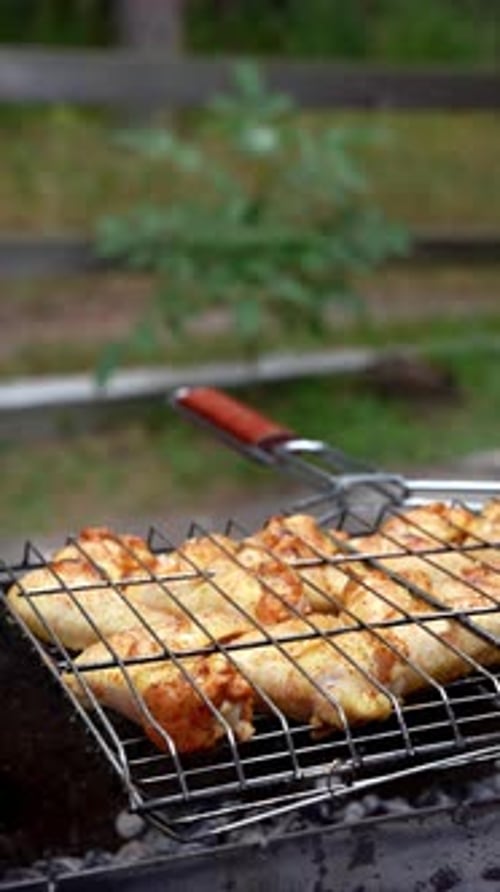 Delicious Chicken Frying on Barbecue Grill Grate Outdoor Seasoning Falling on Fresh Grilled Chicken