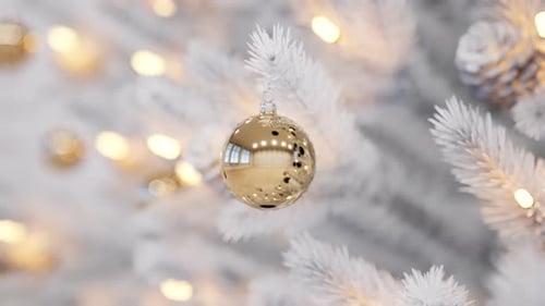 Eleganter weißer Weihnachtsbaum, geschmückt mit goldenen Kugeln und leuchtenden Lichtern