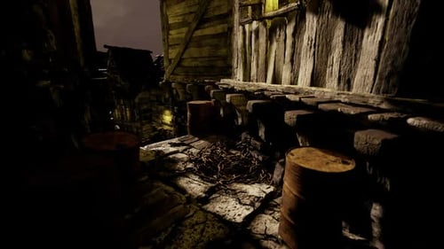 Exploration of Neglected Alley with Plant Overgrowth and Twilight Ambiance