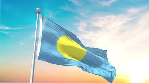 Waving Palau Flag Animation with Realistic Fabric and Sky