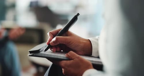 Notes, writing and psychologist with patient on sofa in office for mental health questions