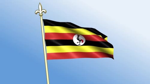 Uganda Flag Waving on Flagpole with Blue Sky Background